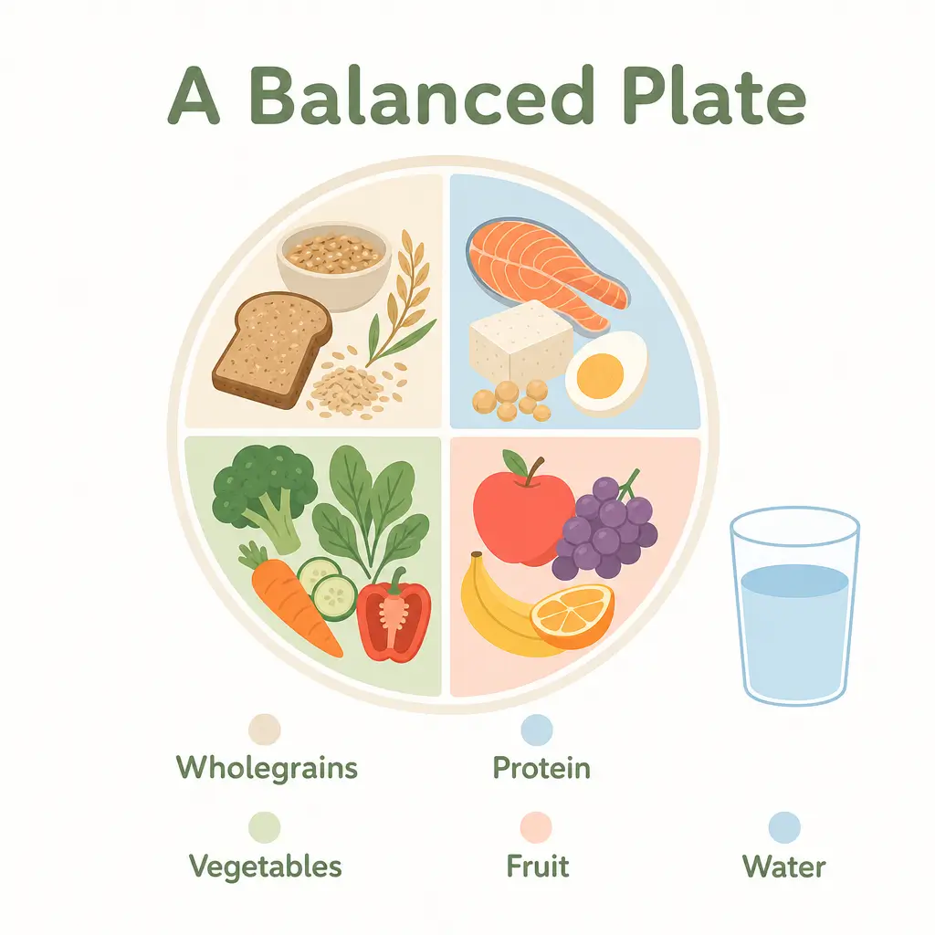 A balanced breastfeeding plate with wholegrains, protein, vegetables and healthy fats