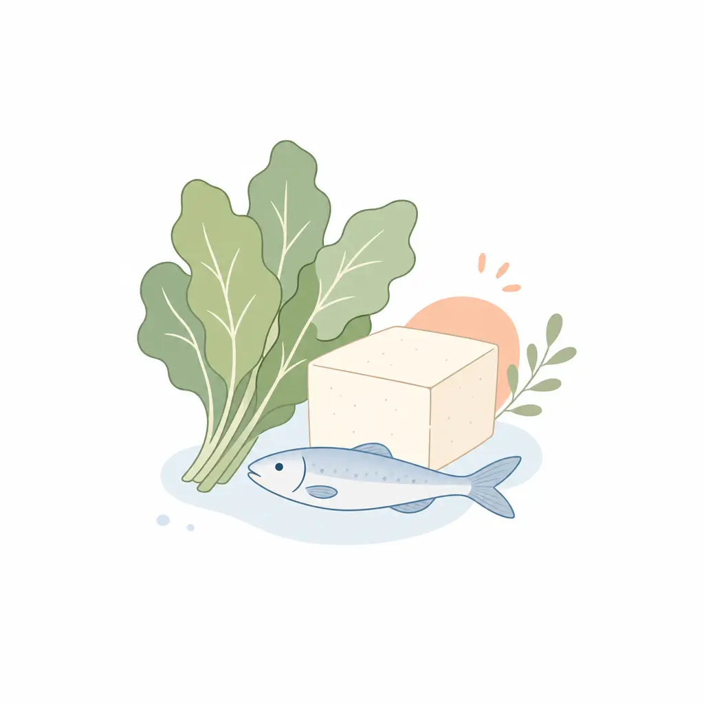 Calcium sources to replace dairy: fortified plant milks, leafy greens, tinned fish and tofu