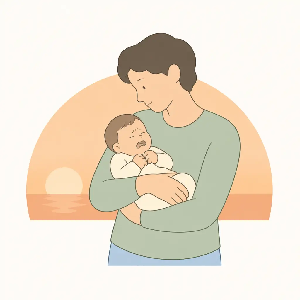 Parent comforting a baby through an evening colic crying spell