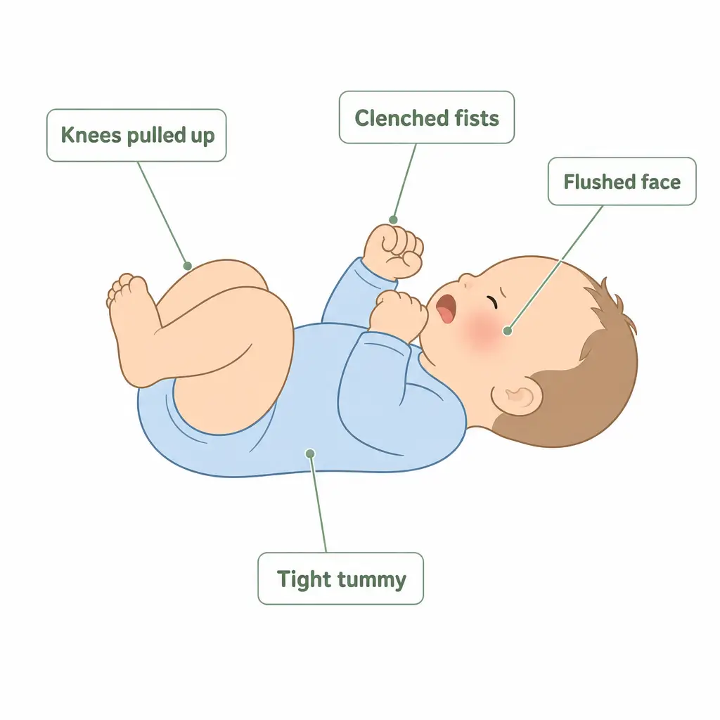 Labelled diagram of common colic signs in a baby: knees pulled up, clenched fists, flushed face and tight tummy