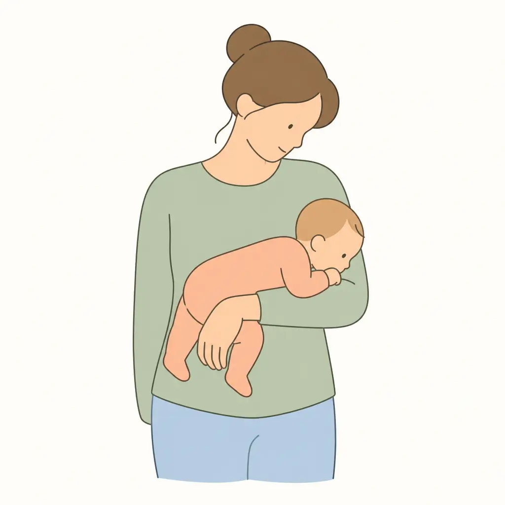 Parent holding a baby in the colic carry along the forearm to ease discomfort