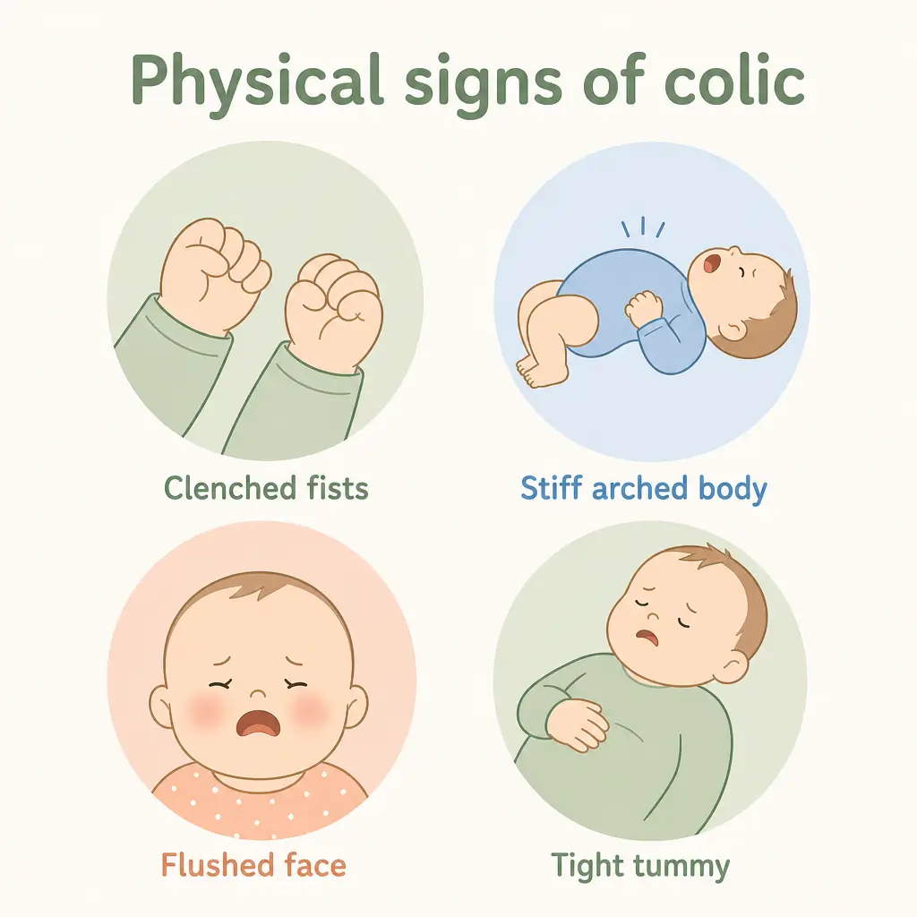 Infographic of the physical signs of colic: clenched fists, stiff arched body, flushed face and tight tummy