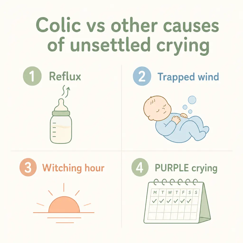 Infographic comparing colic with reflux, trapped wind, the witching hour and PURPLE crying