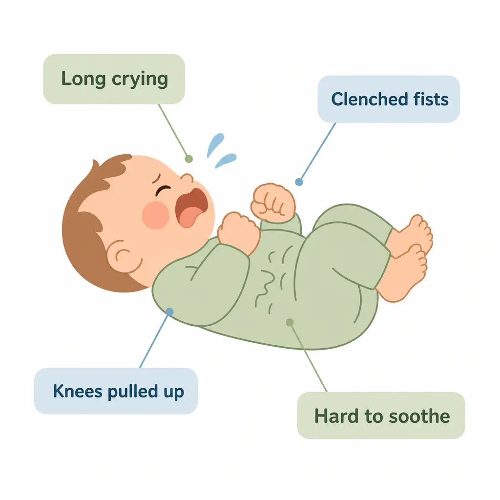 Colicky baby crying in the evening with clenched fists and knees drawn up
