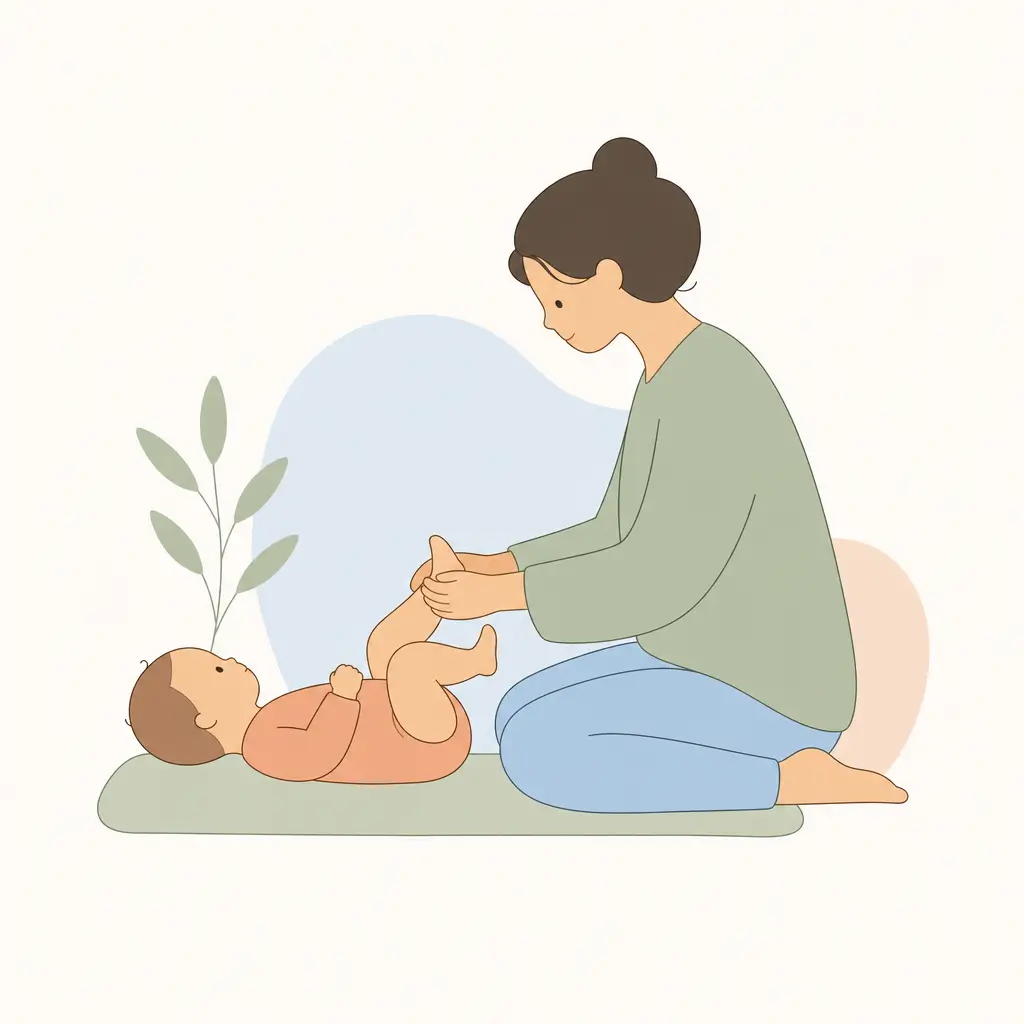 Parent doing bicycle legs and tummy massage to relieve baby wind