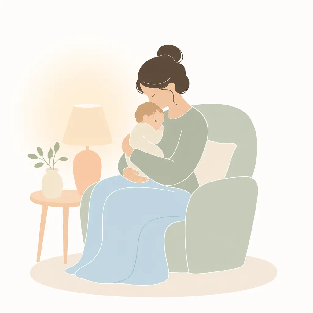 Parent settling a baby in an armchair beside a softly lit lamp in the evening