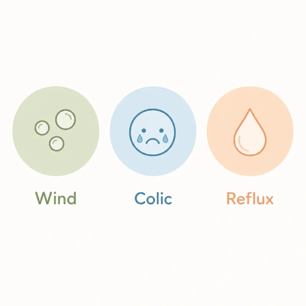 Three icons comparing wind, colic and reflux in babies