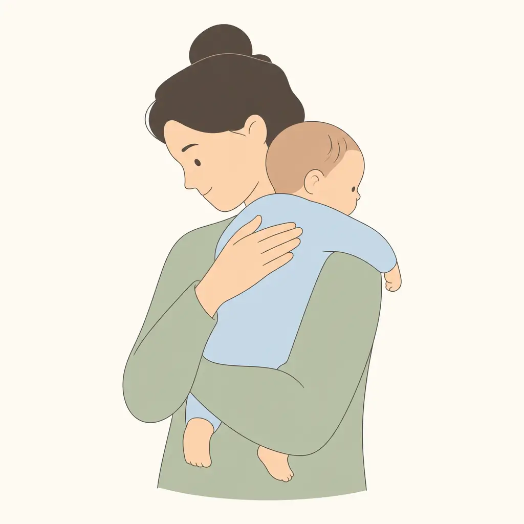 Parent holding a baby upright against their shoulder in a calm burping position