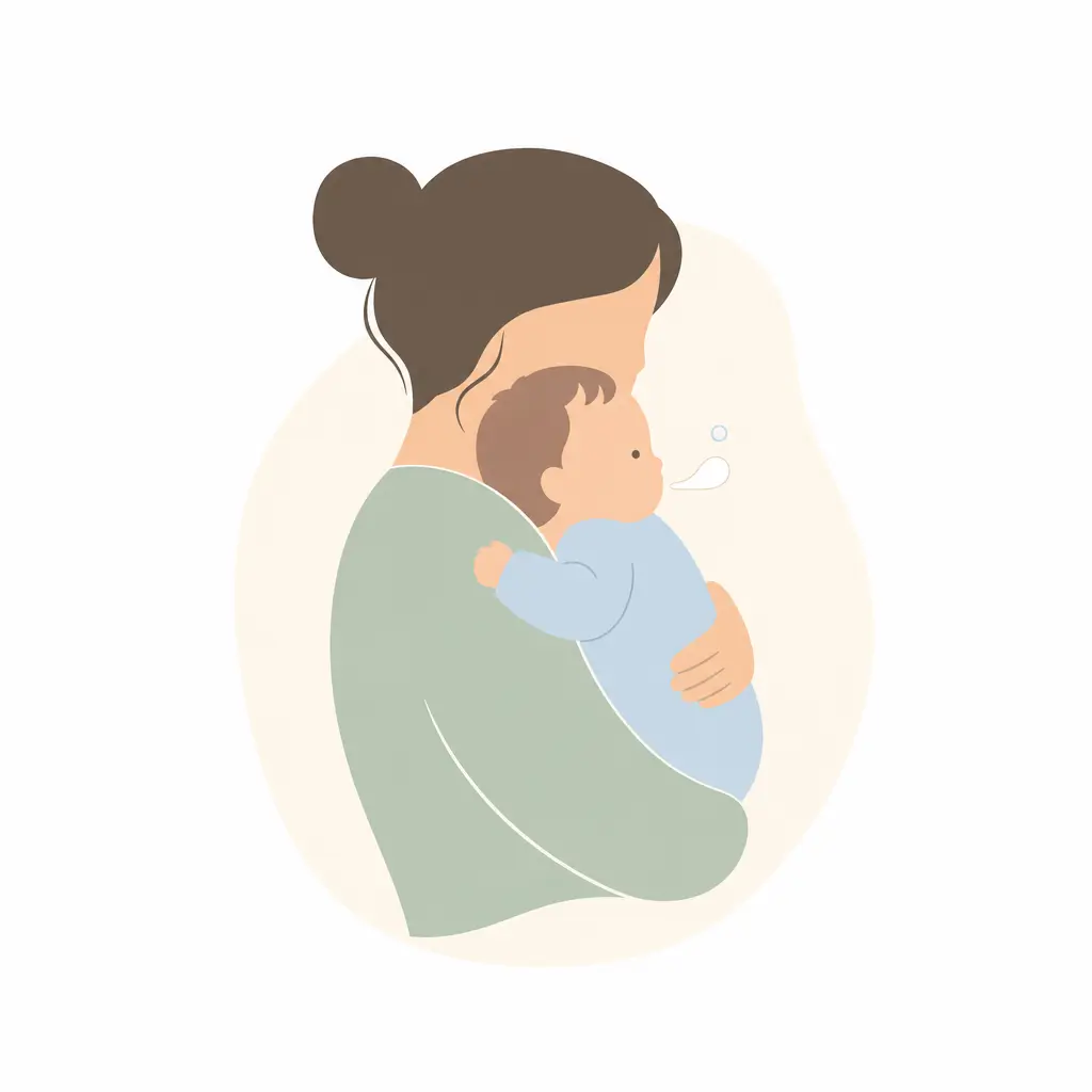 Baby held upright over a parent's shoulder bringing up a small posset of milk