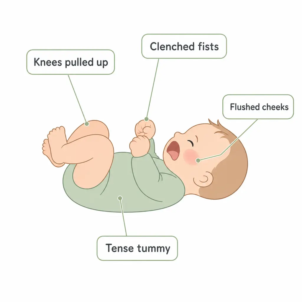 Diagram of a crying baby labelling colic body cues: knees pulled up, clenched fists, flushed cheeks and a tense tummy