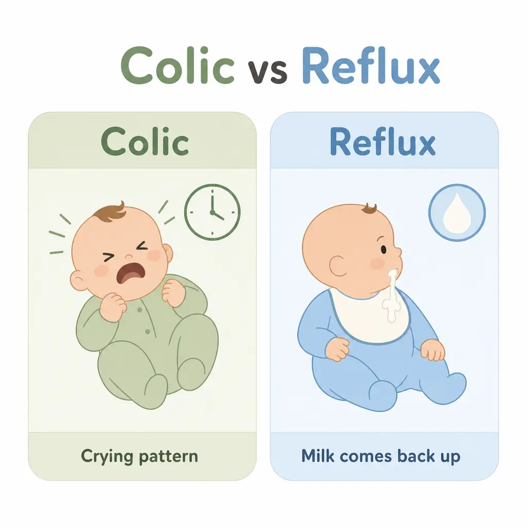 Side-by-side comparison card: colic shown as a crying pattern, reflux shown as milk coming back up