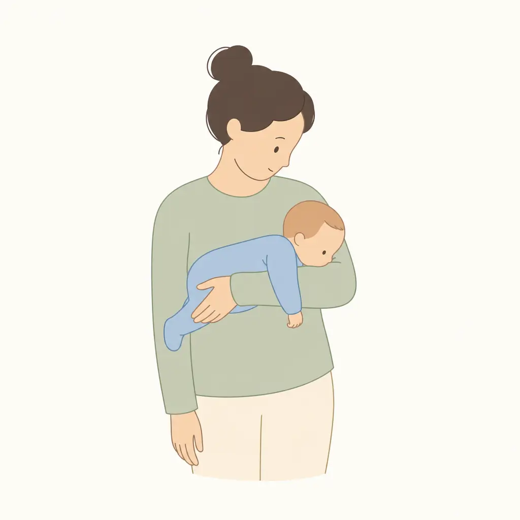 Parent holding a baby tummy-down along their forearm in the colic carry hold