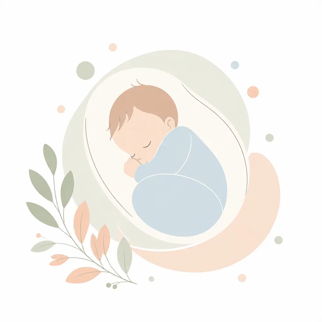 Illustration of a settled newborn swaddled and sleeping, surrounded by soft herbal leaves
