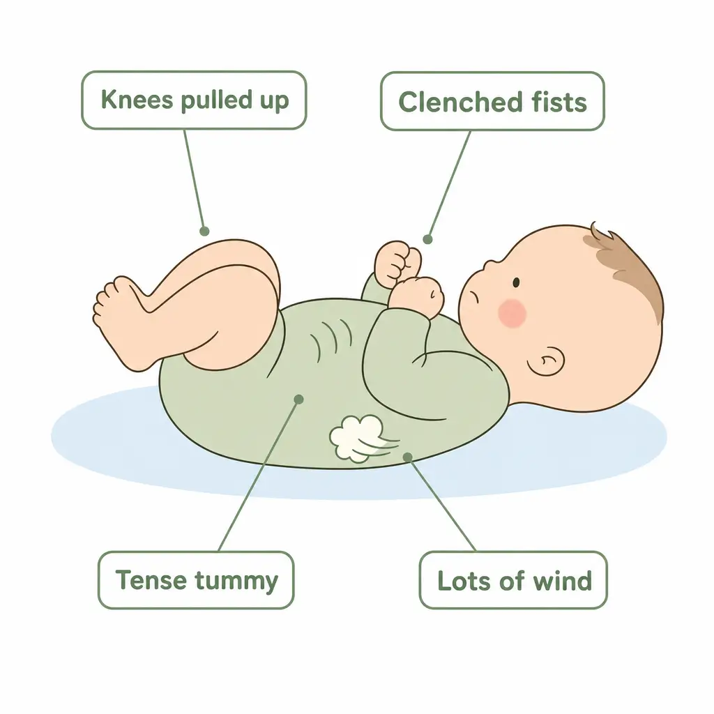 Baby lying on their back with labels showing colic signs: knees pulled up, clenched fists, tense tummy and lots of wind