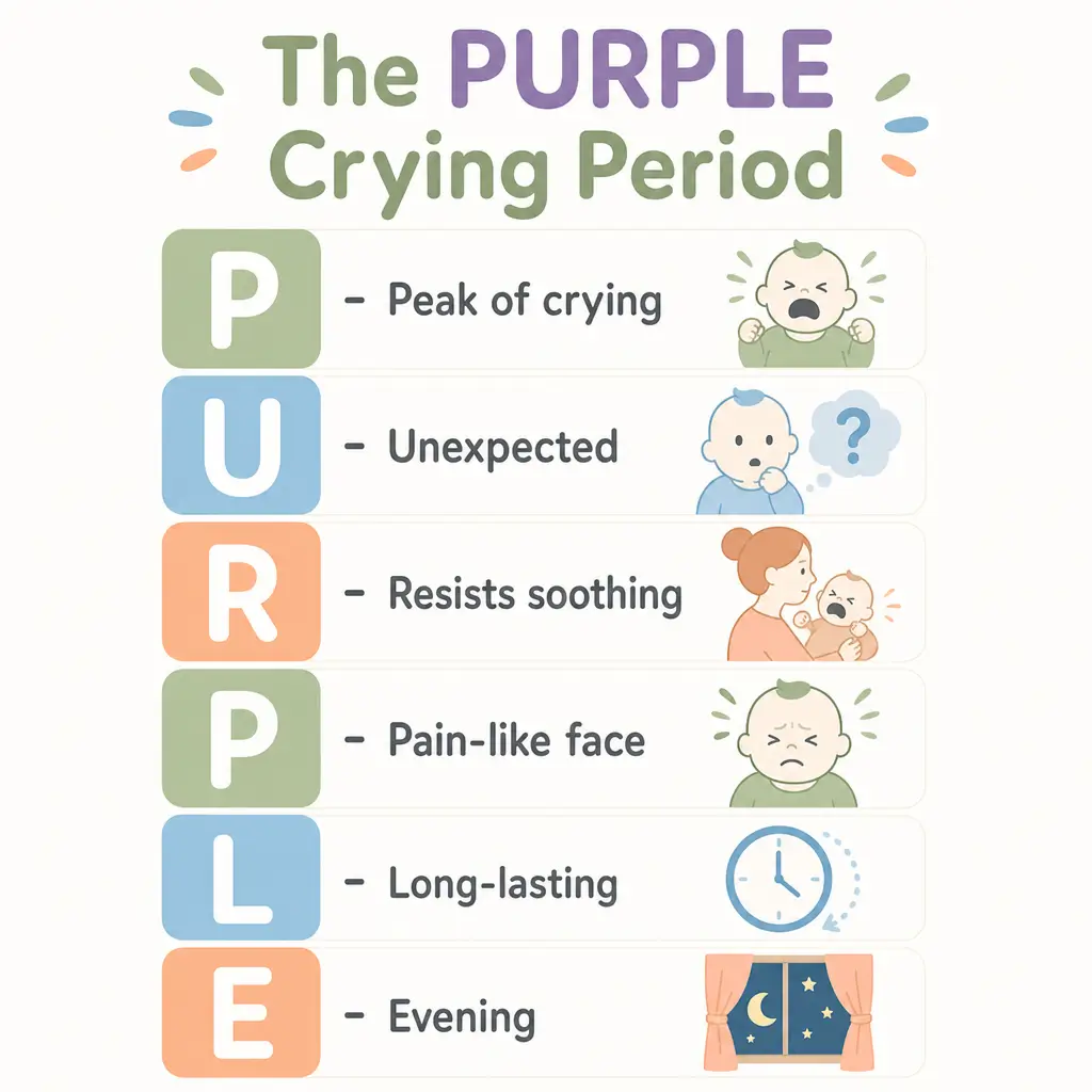 Chart explaining the PURPLE crying period: peak of crying, unexpected, resists soothing, pain-like face, long-lasting, evening