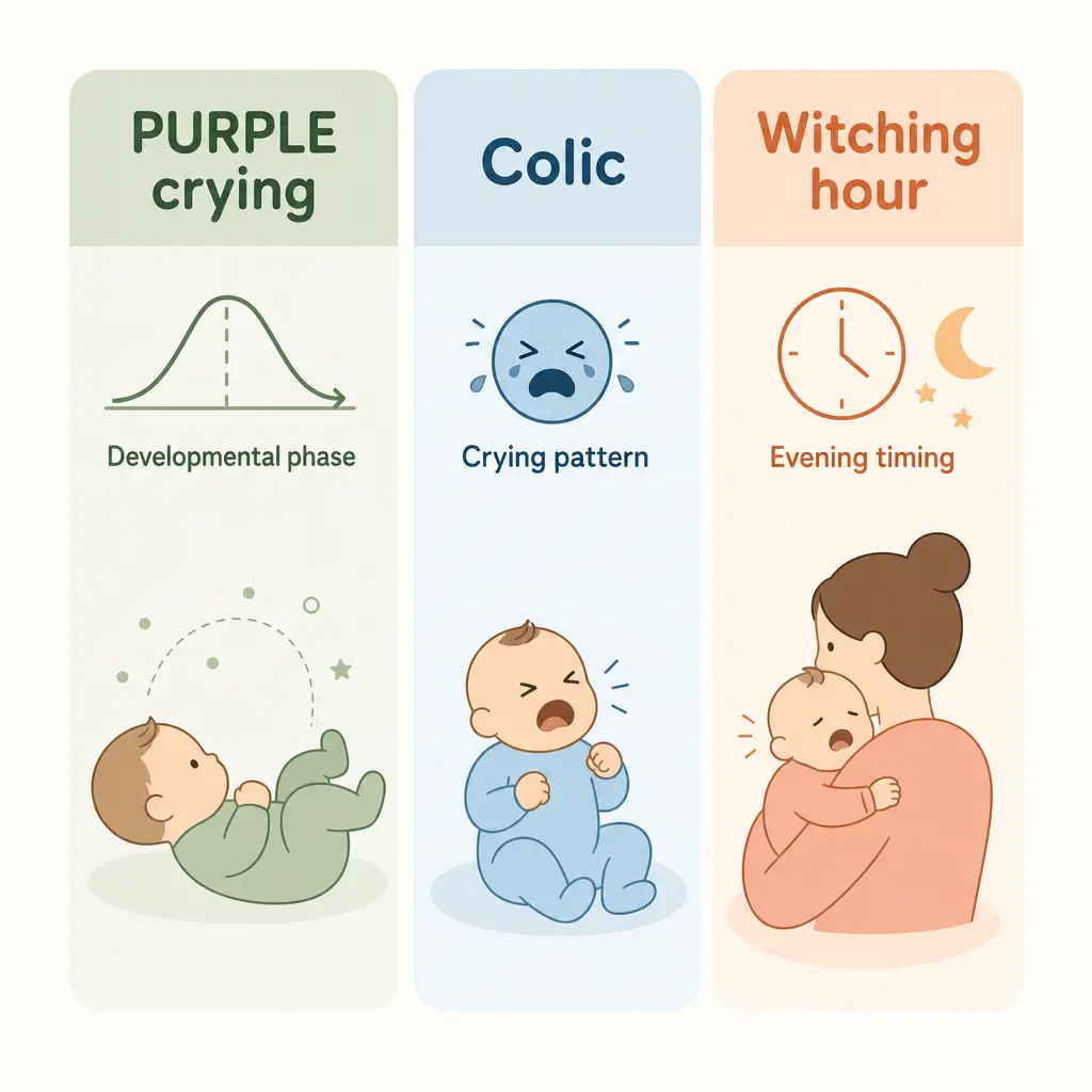 Three-column comparison of PURPLE crying as a developmental phase, colic as a crying pattern and the witching hour as evening timing