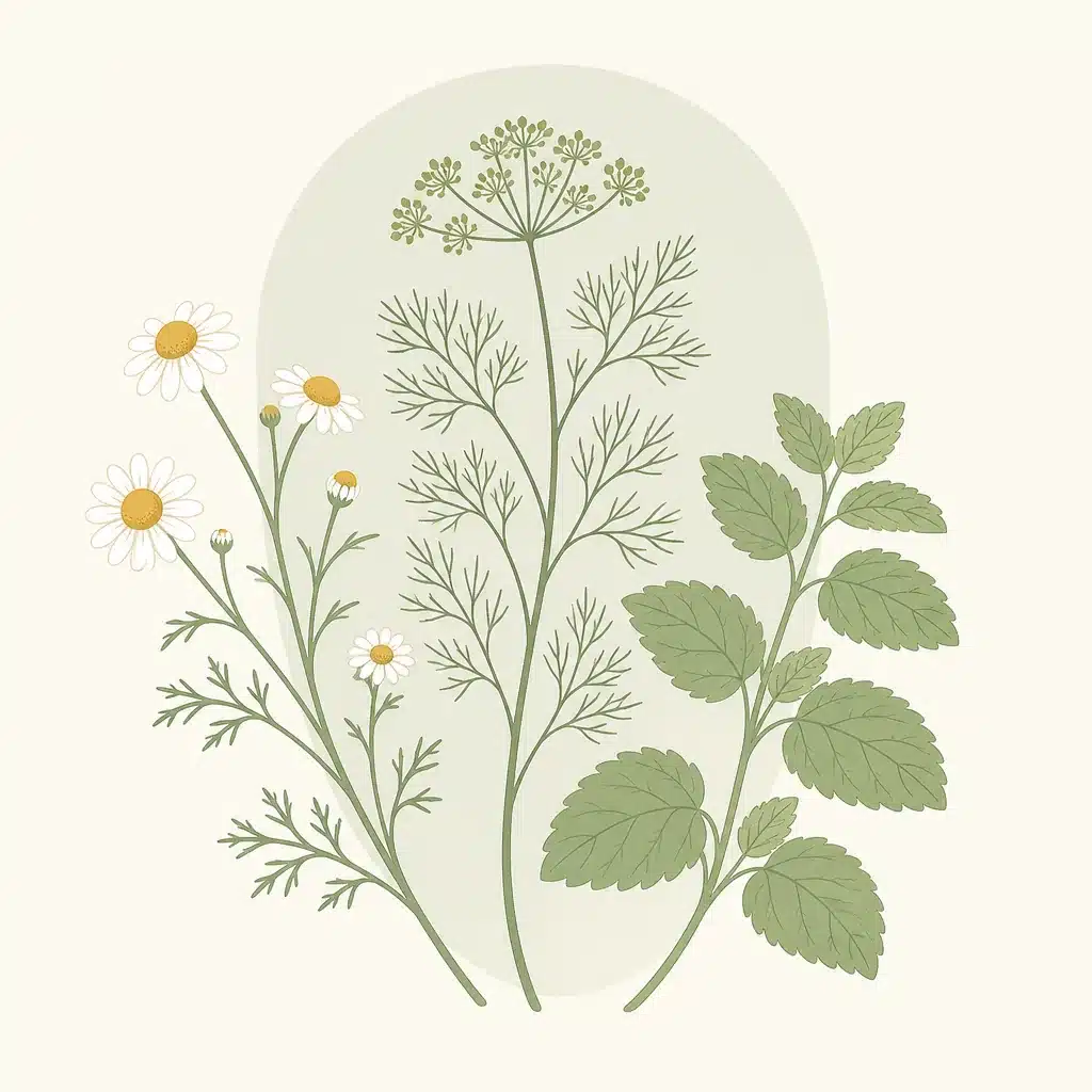 Chamomile, dill seed and lemon balm, herbs traditionally used for colic relief
