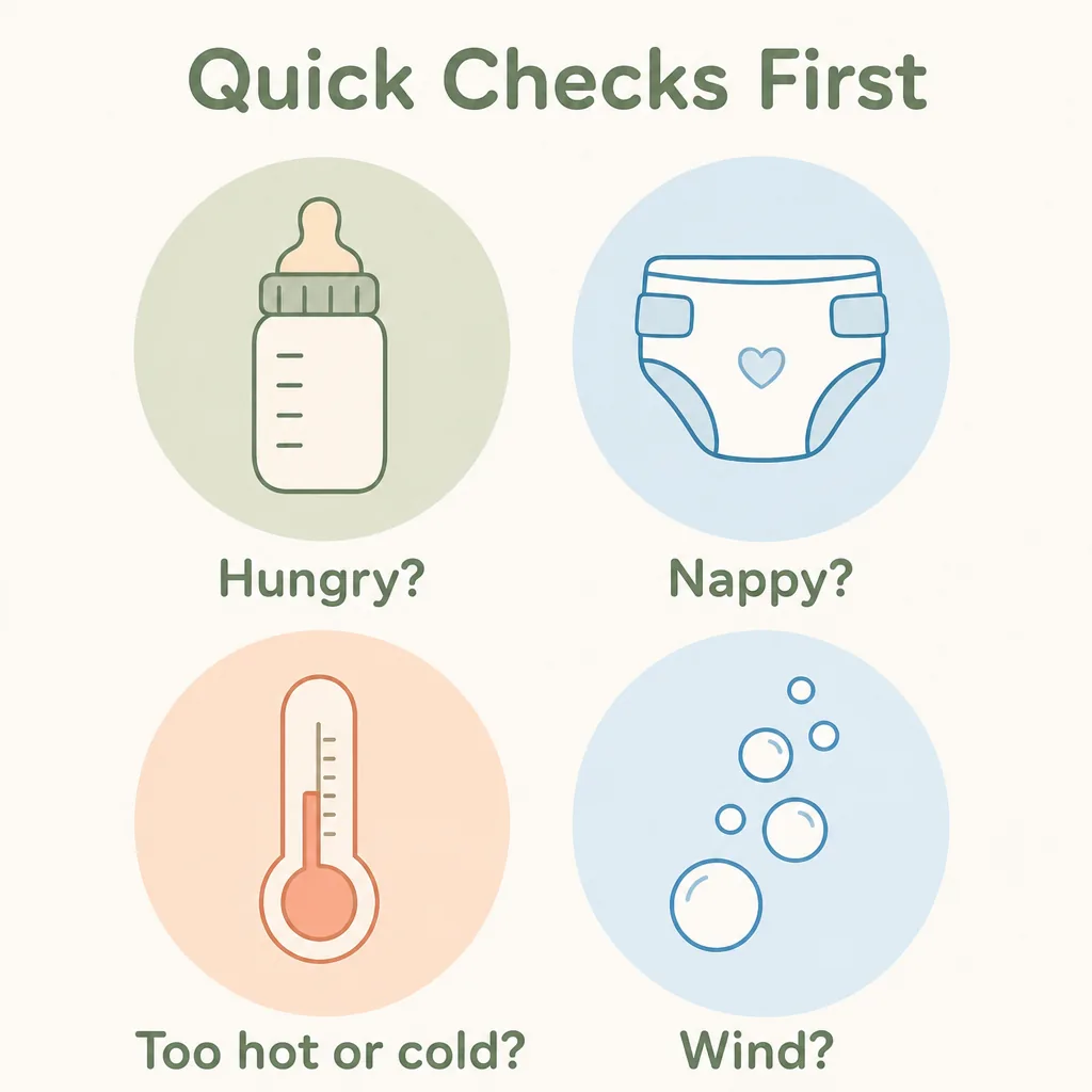 Quick checks first: hungry, nappy, too hot or cold, wind