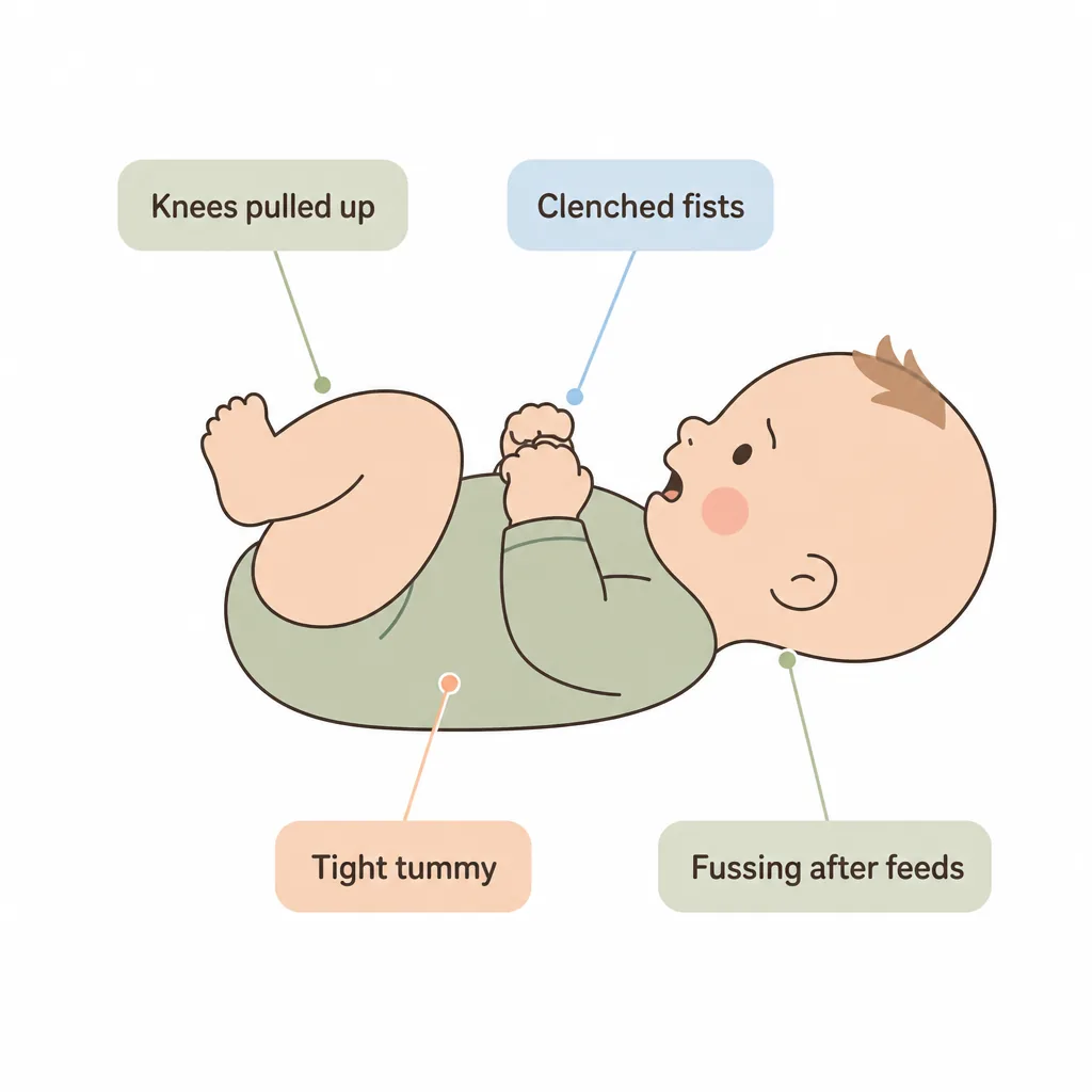 Signs of trapped gas: knees pulled up, clenched fists, tight tummy, fussing after feeds