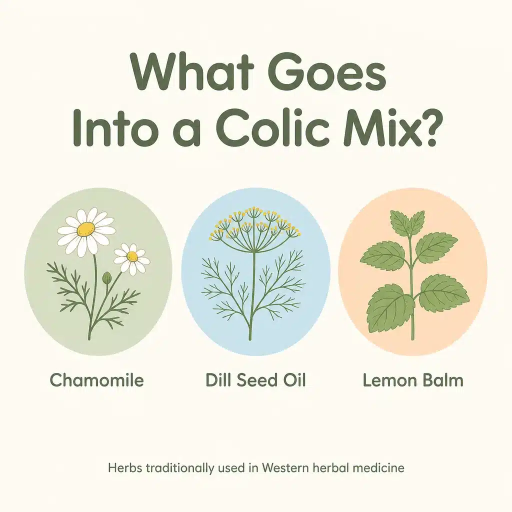 What goes into a colic mix: chamomile, dill seed oil and lemon balm