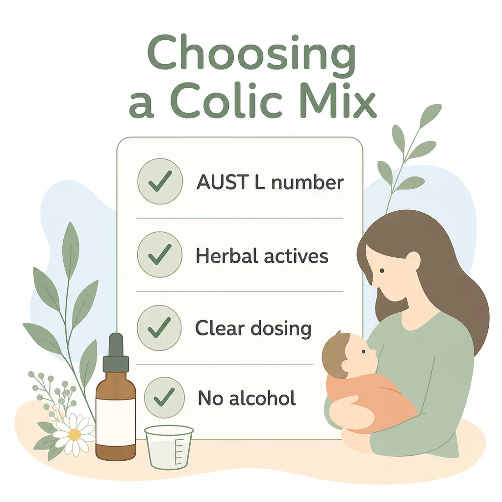 Choosing a colic mix: AUST L number, herbal actives, clear dosing, no alcohol