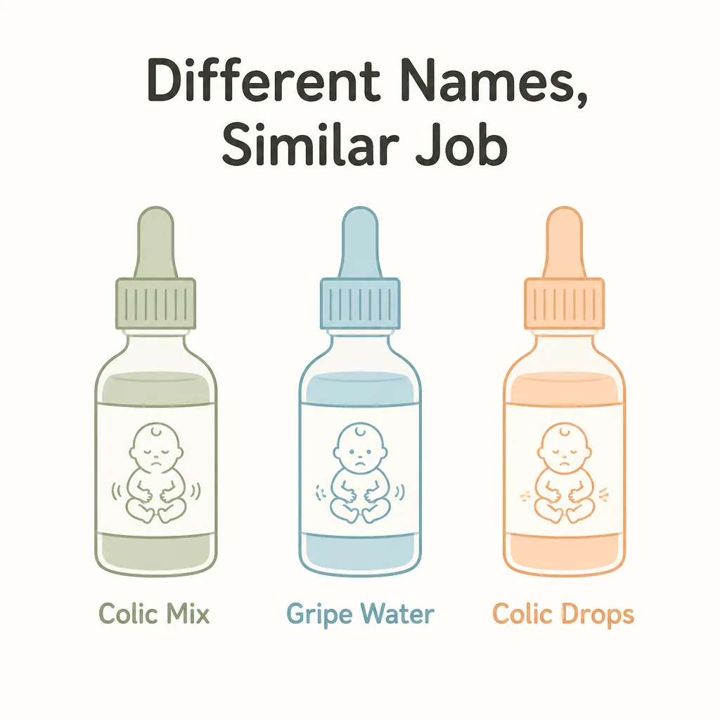 Colic mix, gripe water and colic drops: different names, similar job