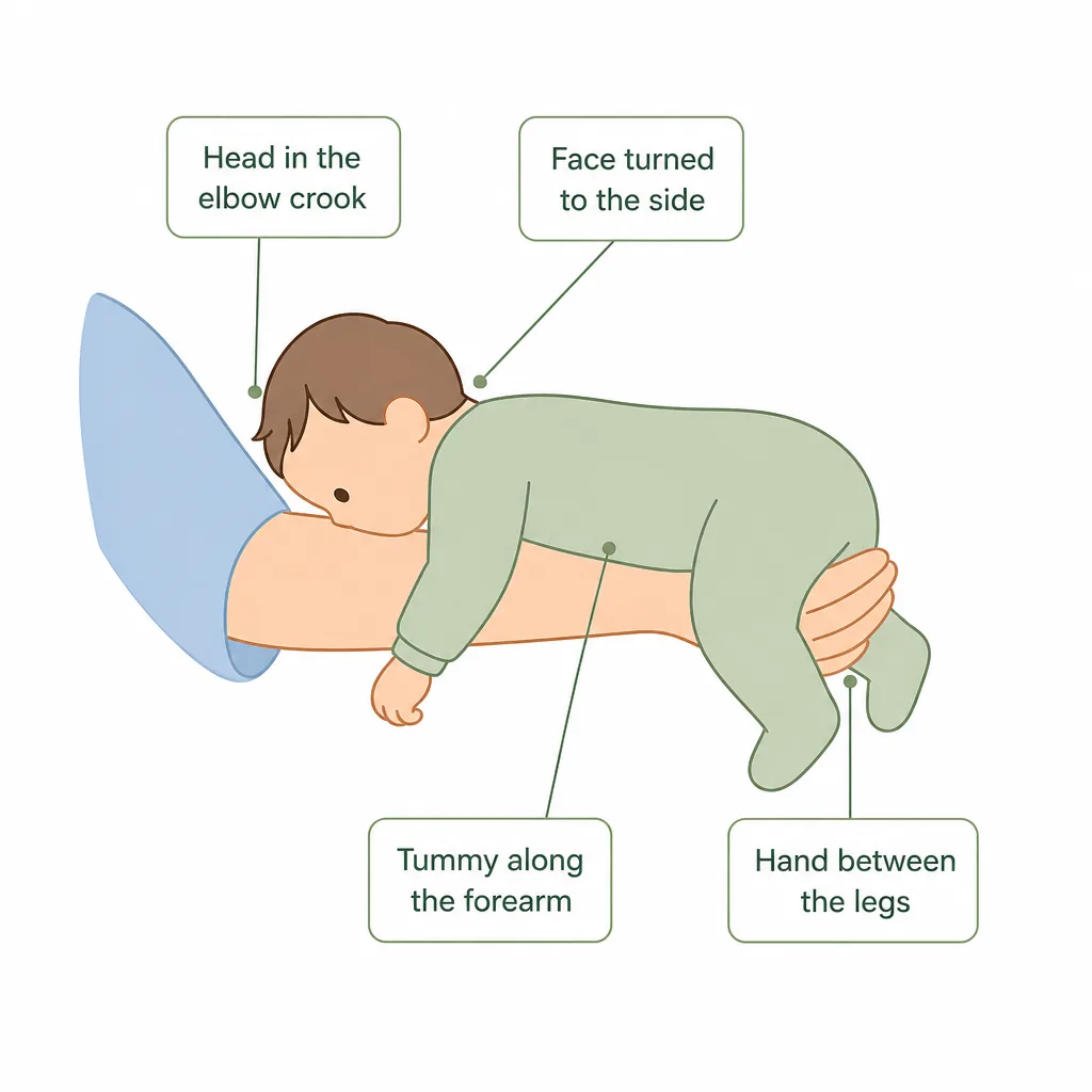 How to do the colic carry: head in the elbow crook, tummy along the forearm