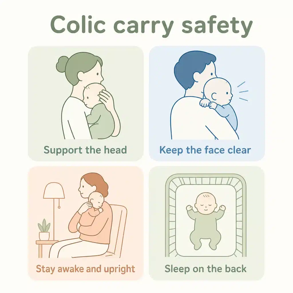 Colic carry safety: support the head, keep the face clear, stay awake, sleep on the back
