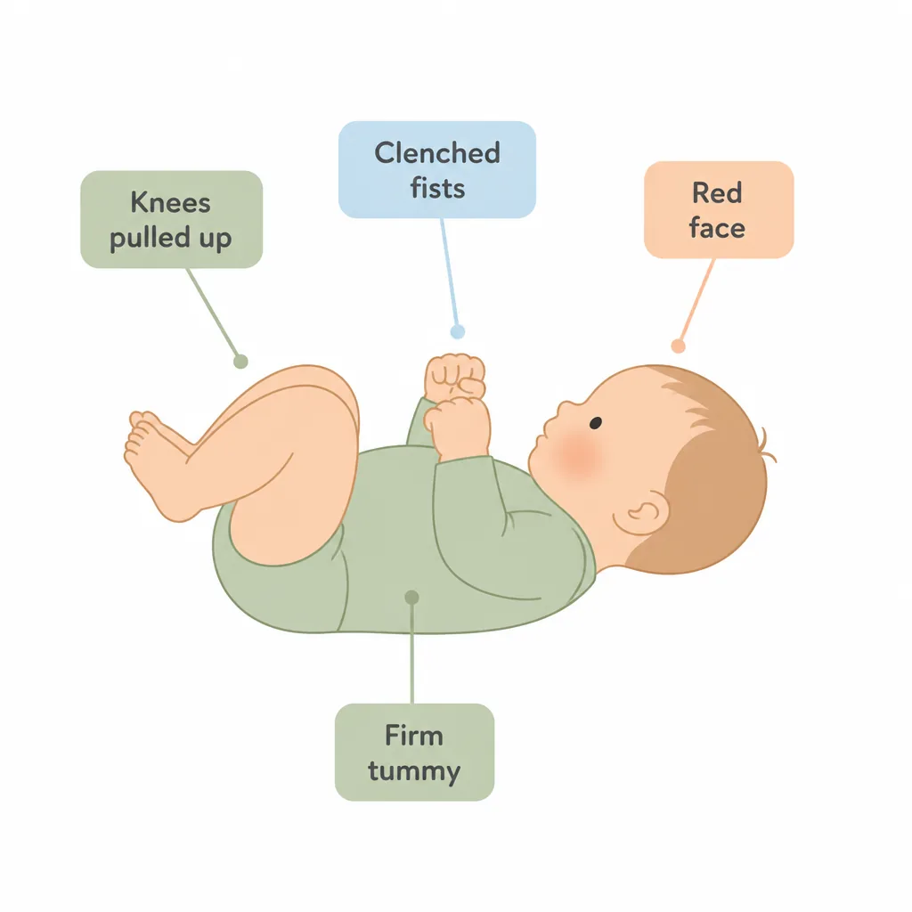 Signs of a gassy baby: knees pulled up, clenched fists, red face, firm tummy