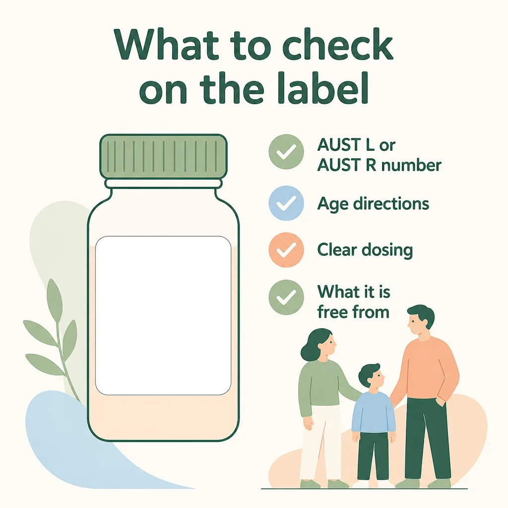 What to check on a gas relief label: AUST L number, age directions, clear dosing