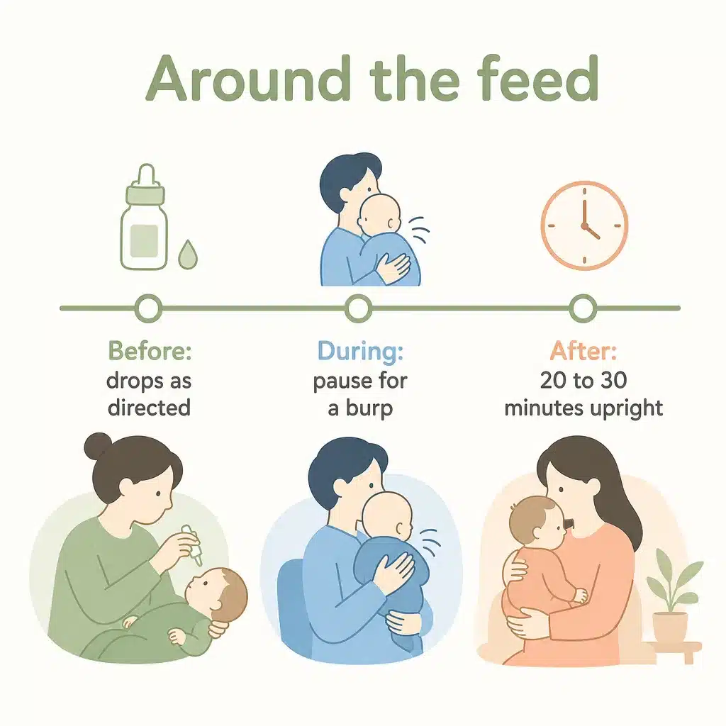 Around the feed: drops before, a burp during, upright after