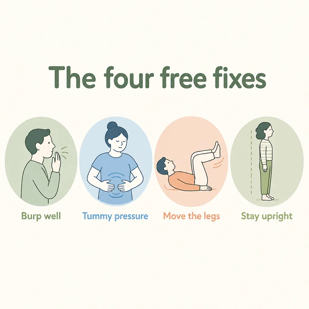 The four free fixes for baby gas: burp well, tummy pressure, move the legs, stay upright