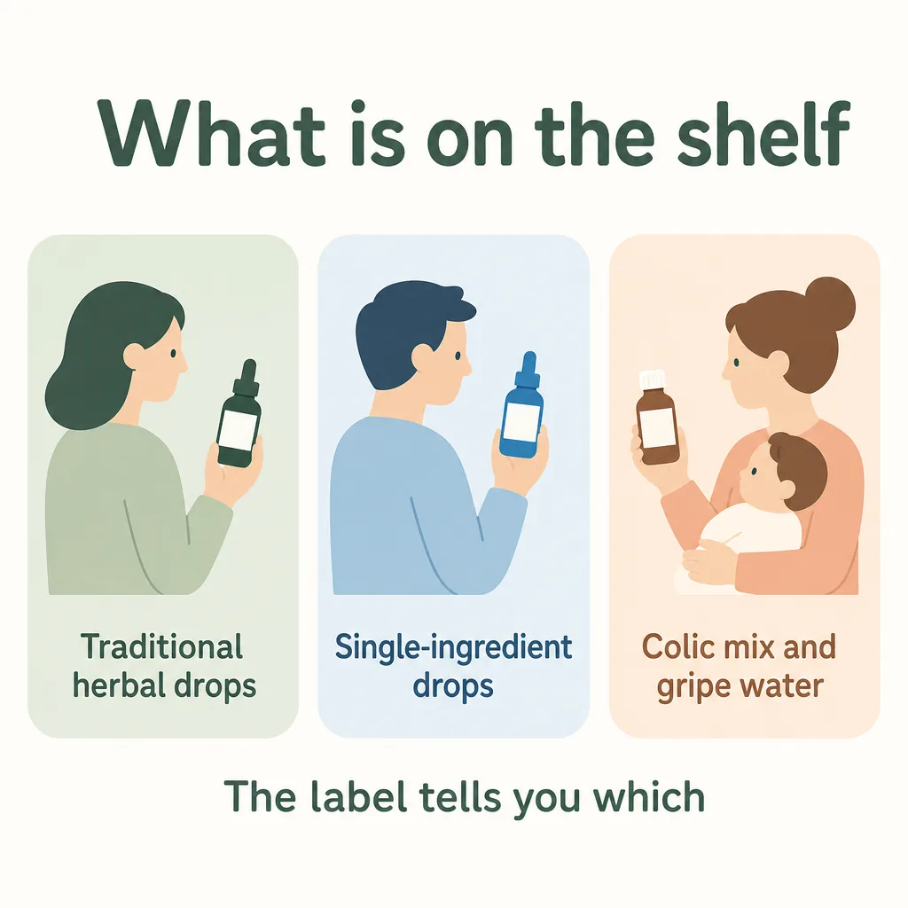 Gas relief products on the shelf: herbal drops, single-ingredient drops, colic mix and gripe water