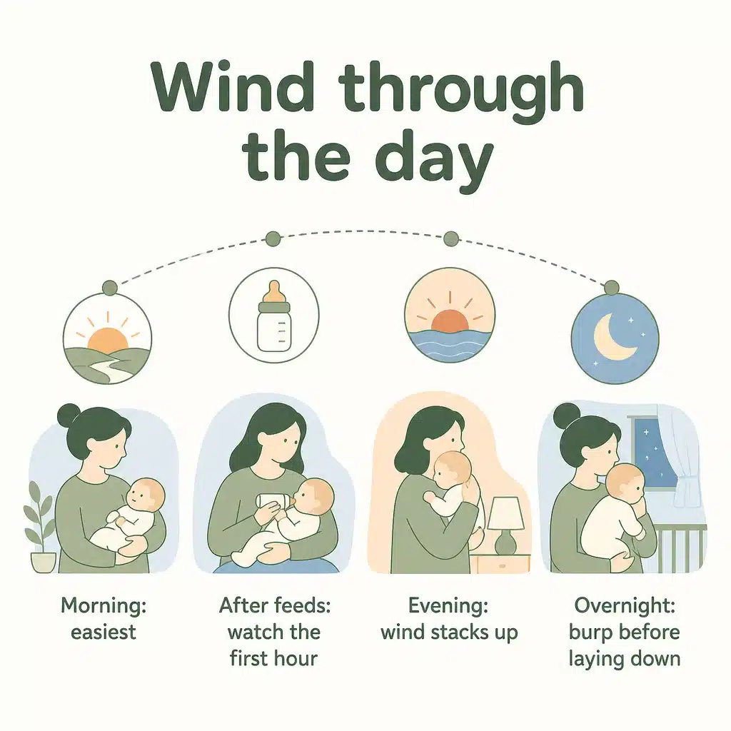 Trapped wind through the day: morning, after feeds, evening and overnight