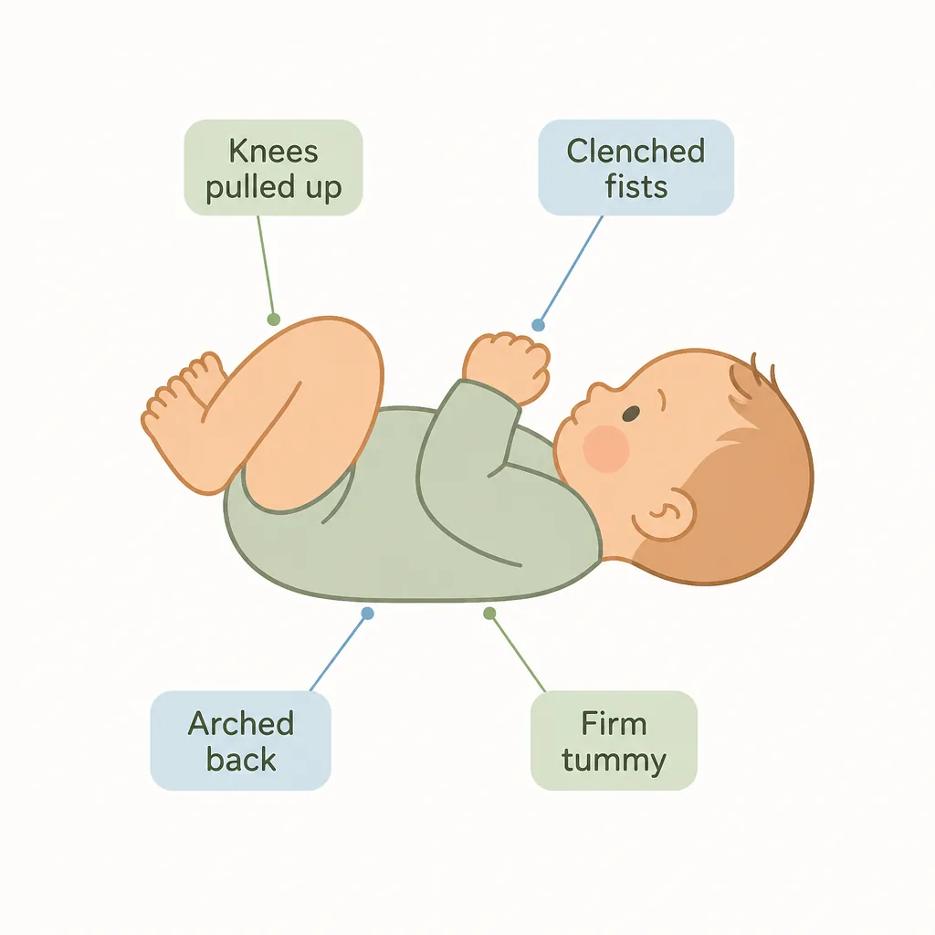 Obvious signs of trapped wind: knees pulled up, clenched fists, arched back, firm tummy