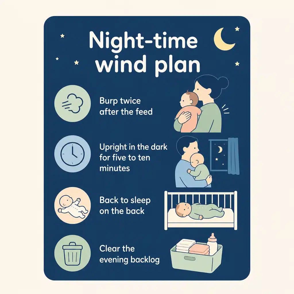 Night-time wind plan: burp twice, upright in the dark, back to sleep on the back