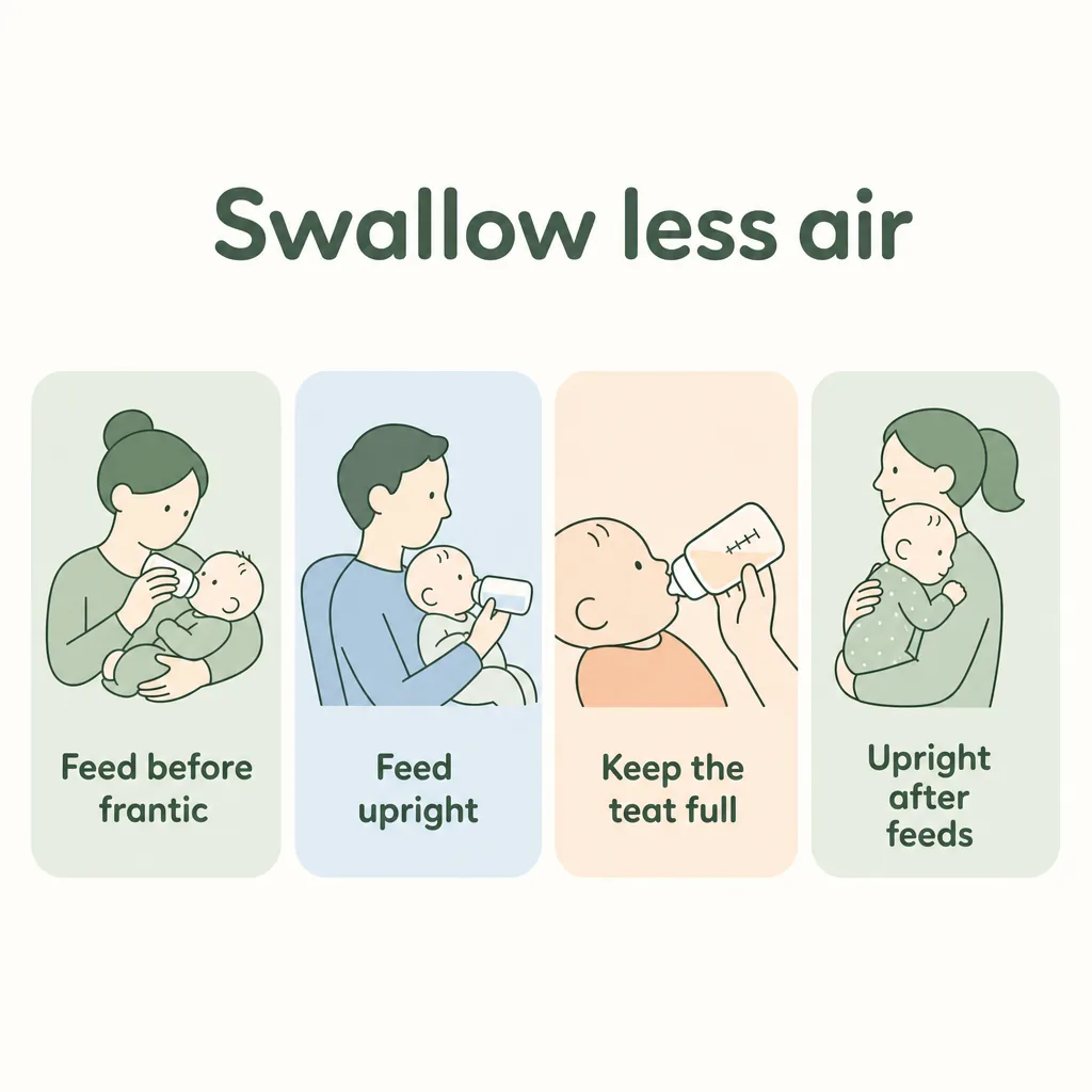 Swallow less air: feed before frantic, feed upright, keep the teat full, upright after feeds