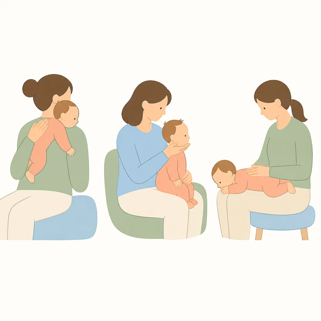 Burping positions: over the shoulder, sitting on the lap and across the knees