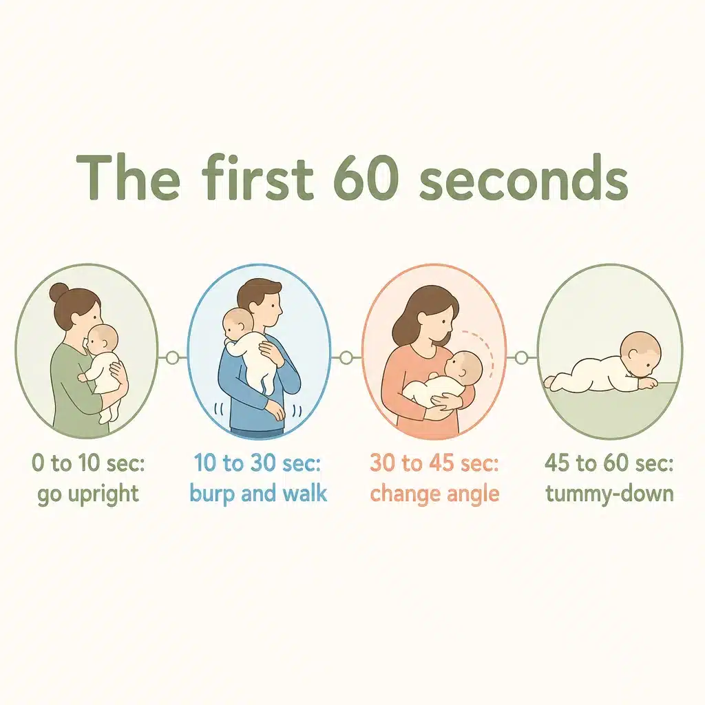 The first 60 seconds of wind relief: upright, burp and walk, change angle, tummy-down