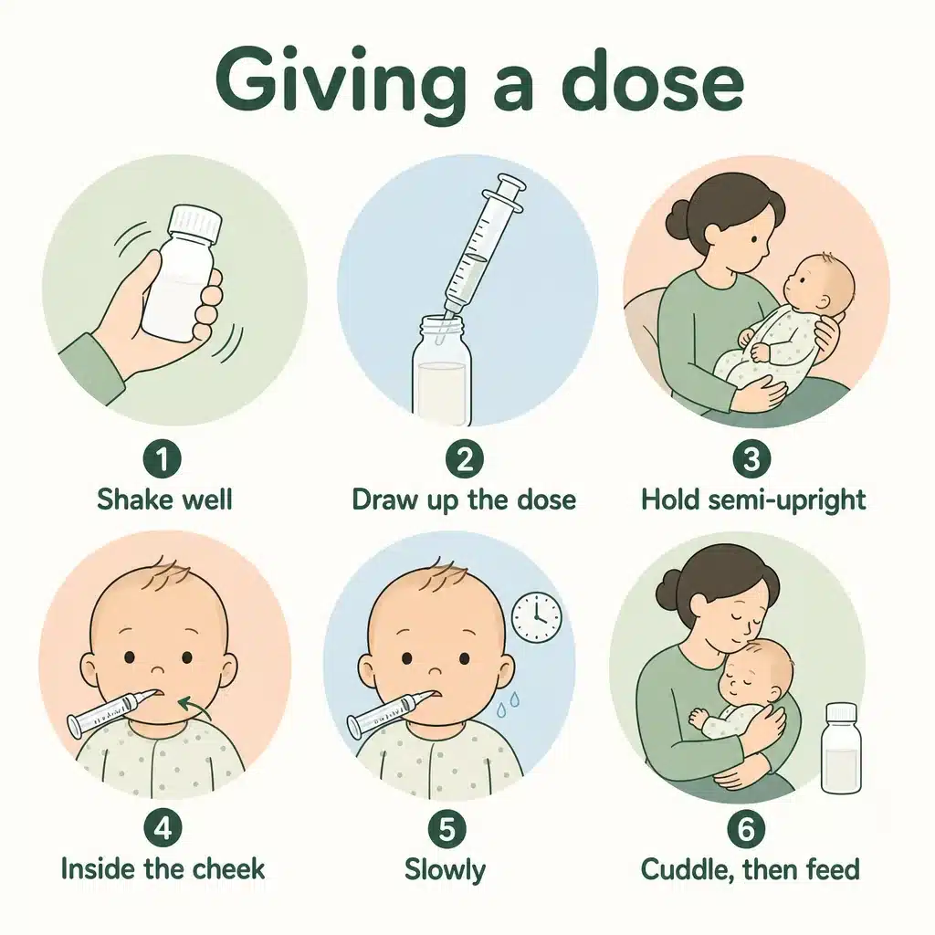 Giving a dose of colic mix in six steps: shake well, draw up the dose, hold semi-upright, inside the cheek, slowly, cuddle then feed