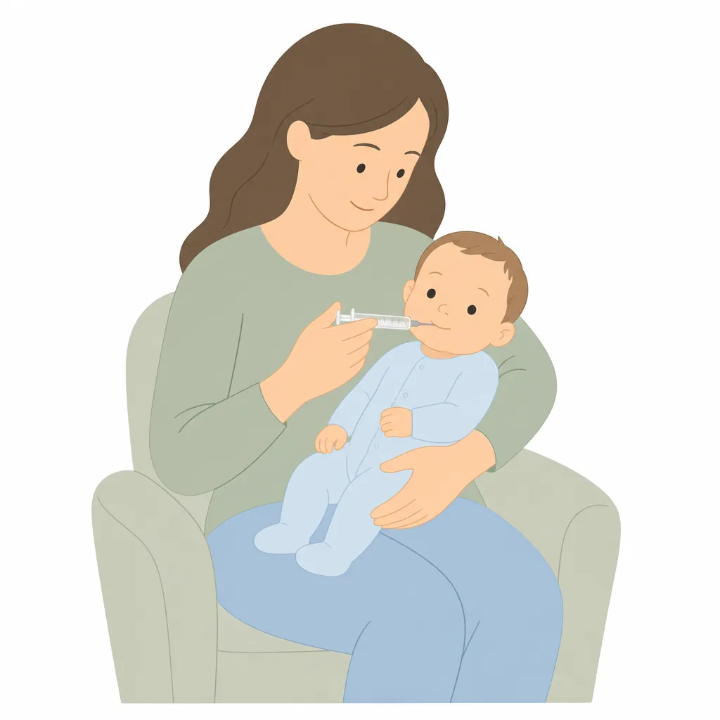 Parent giving a baby a dose by oral syringe while holding them semi-upright
