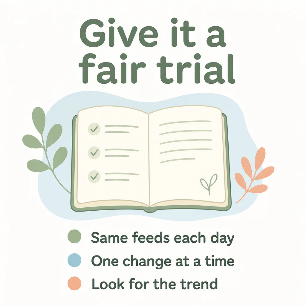 Give it a fair trial: same feeds each day, one change at a time, look for the trend