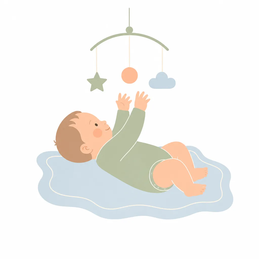 Settled baby lying on a play mat reaching up to a mobile