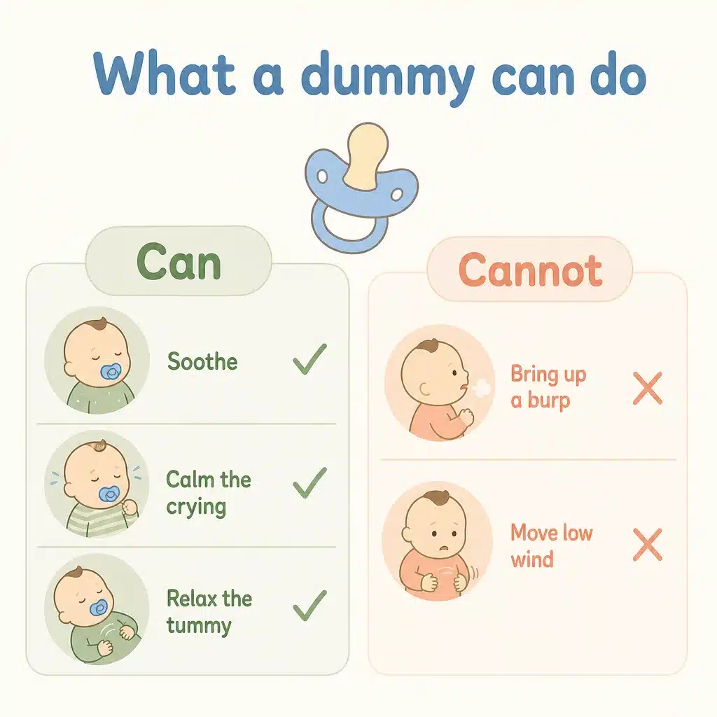 What a dummy can do for wind: soothe, calm the crying and relax the tummy, but not bring up a burp or move low wind