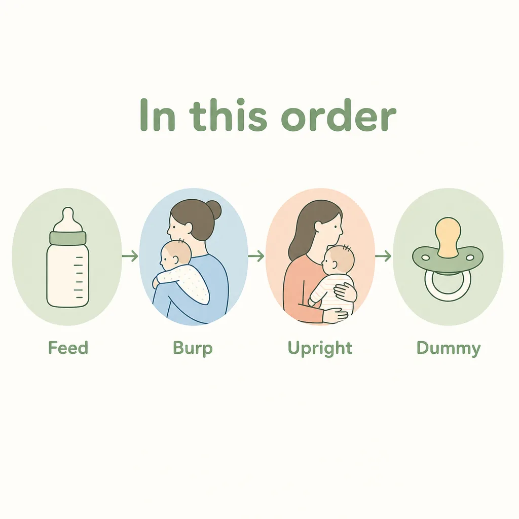 In this order for a windy baby: feed, burp, upright, then the dummy