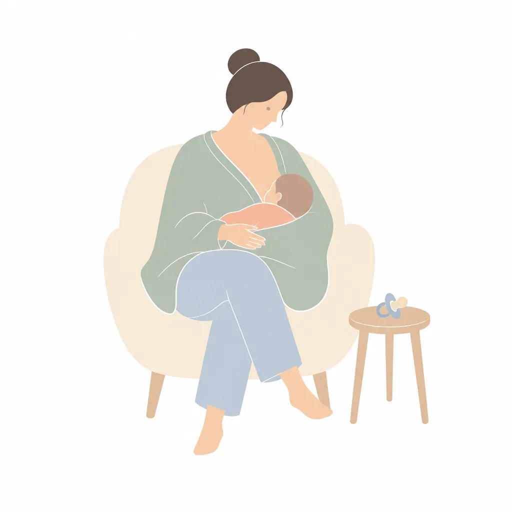 Mum breastfeeding in an armchair with a dummy set aside on the table