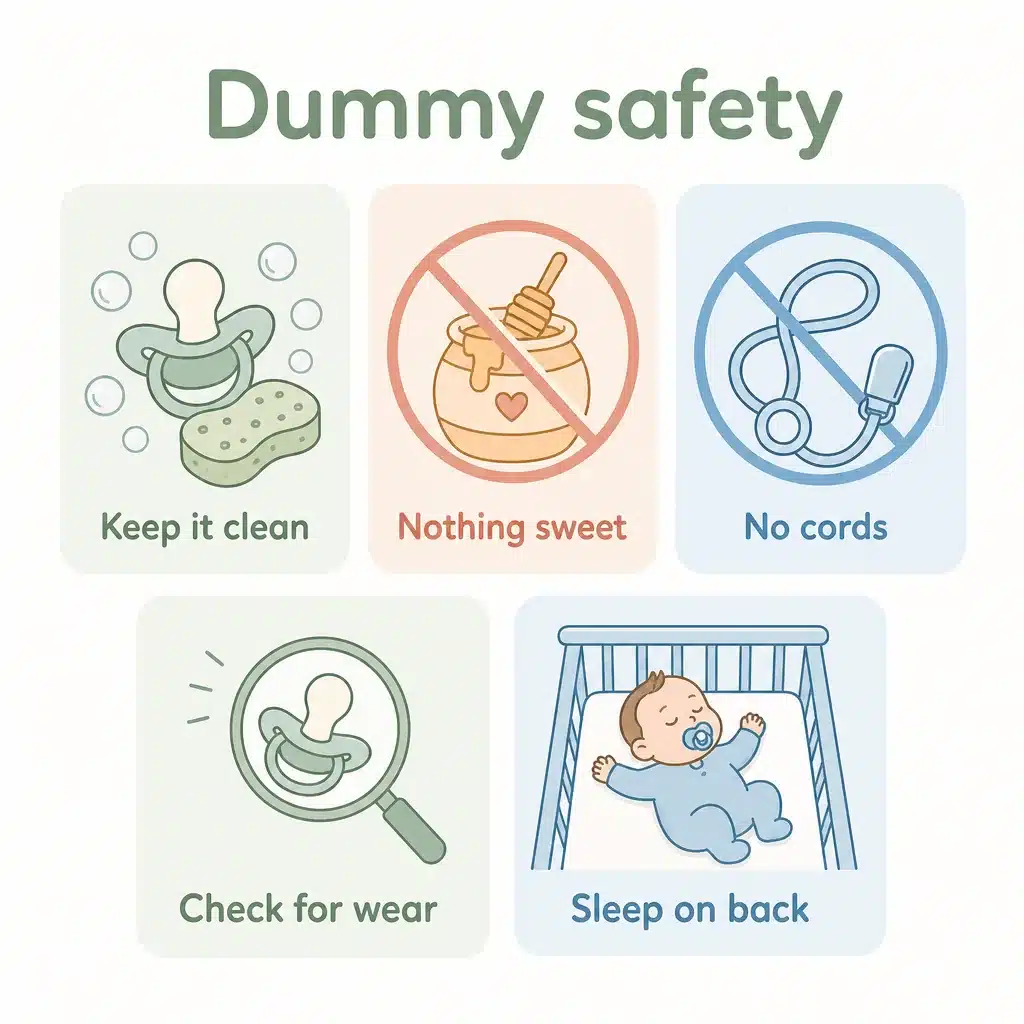 Dummy safety: keep it clean, nothing sweet, no cords, check for wear, sleep on the back