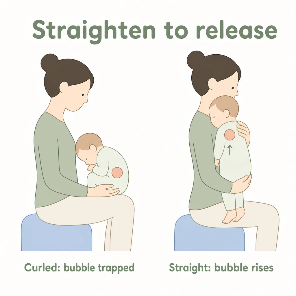 Straighten to release: a curled-up baby traps the bubble, a straightened baby lets it rise