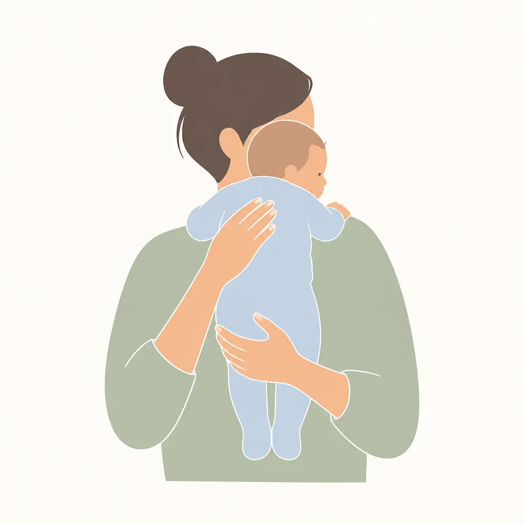 Baby held upright and stretched out over a parent's shoulder to release a stuck burp