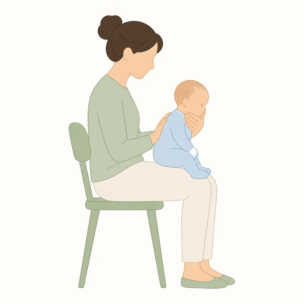 Baby sitting upright on a parent's lap, chin supported, leaning slightly forward for a burp